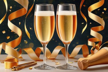Obraz premium Two champagne glasses toast with golden ribbons and confetti for a festive New Year celebration