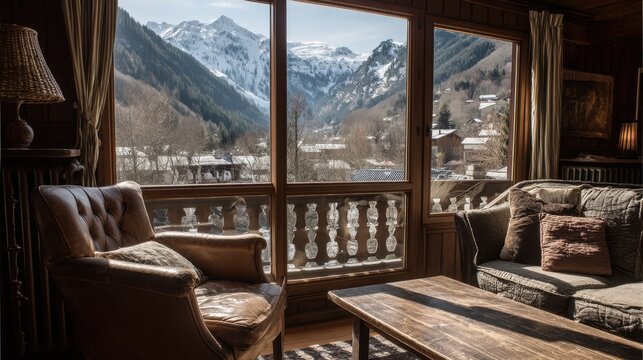 Cozy Mountain Retreat with Scenic View of Snow-Capped Peaks and Warm Indoor Ambiance in a Rustic Living Room