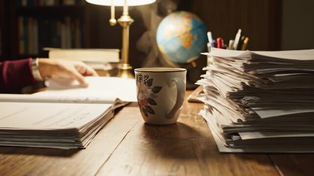 Student Writing Notes and Studying Late Night With Globe and Coffee Cup Warm Lighting