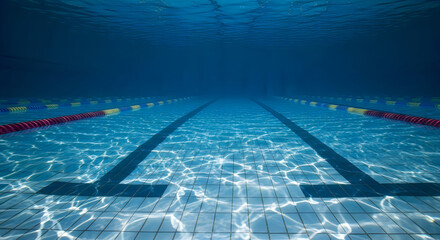 Obraz premium Underwater view of a swimming pool with lanes and blue water isolated on white background