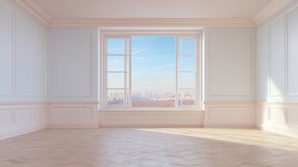 Fototapeta premium Spacious empty room with large window overlooking city skyline and natural light illuminating wooden floor