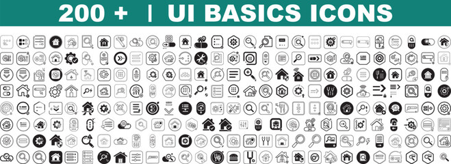 Fototapeta premium Set of 200+ UI Basics Icons Vector Collection for Web Design, Mobile Apps, and User Interface Elements in Black and White Outline Style