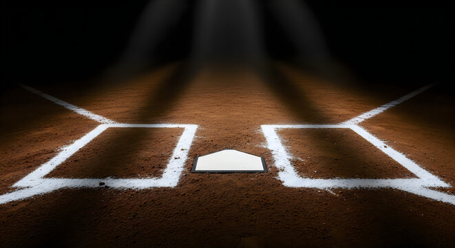 A baseball home plate on a brown baseball field with white chalk lines and a dark background