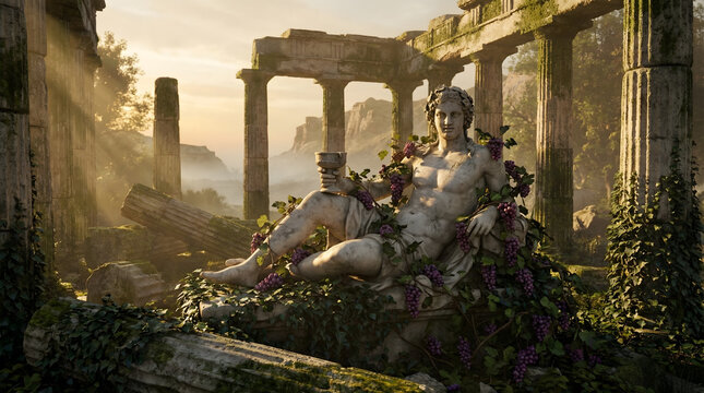 Reclining Bacchus God Statue in Floral Garden of Ancient Ruins