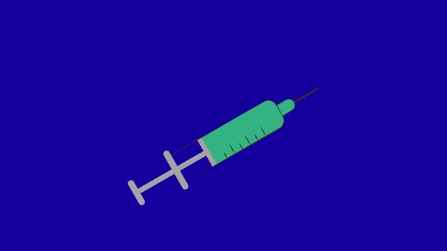 Green syringe cartoon animation on blue screen