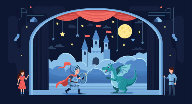 Puppet theater stage showing a play with a brave knight fighting a dragon in front of a castle under the moon and starry sky background.