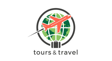 Obraz premium Tours and Travel Logo with Airplane and Globe.
