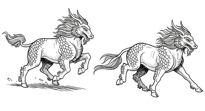 Two Mythical Qilin Creatures Running with Majestic Details