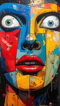 A colorful, abstract portrait of a woman's face