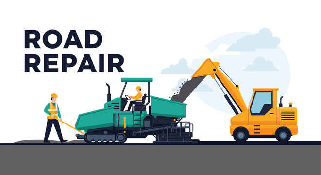 Heavy construction machinery and workers are engaged in road repair and asphalt paving on a city street project.