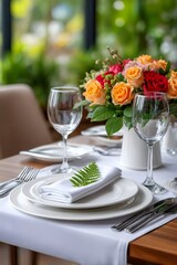 Fototapeta premium Restaurant table setting with flowers welcoming guests