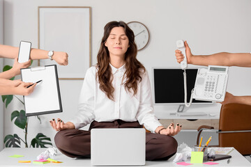 Young businesswoman with a lot of work to do meditating in office. Deadline concept
