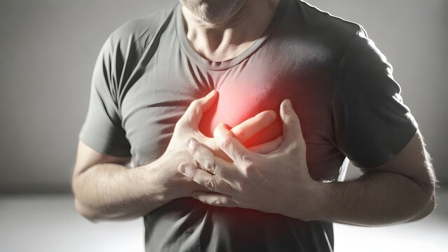 Close up of a man clutching his chest with a red hotspot indicating pain. Cardiac arrest and health warning. Male patient holding his heart area during a medical emergency