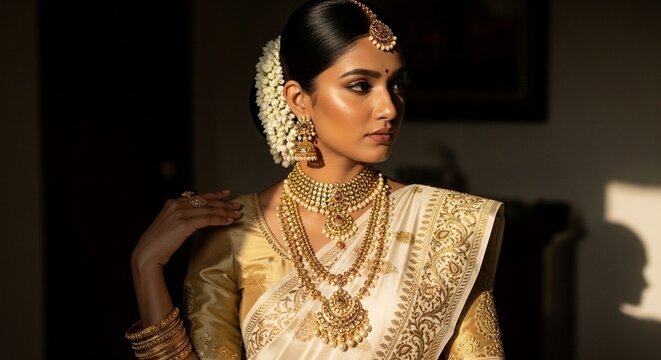 Elegant south indian bride adorned with magnificent antique gold jewelry featuring heavy necklaces earrings maang tikka and traditional white silk saree looking thoughtfully into the distance.