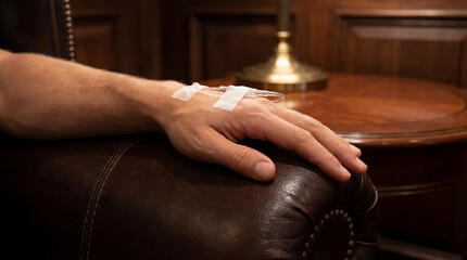 Close-up image focusing on a hand receiving intravenous therapy in a luxurious interior, emphasizing modern wellness and medical care in a comfortable setting. Image made using Generative AI.
