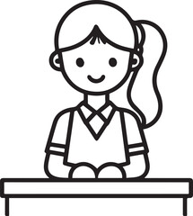 Obraz premium Hand Drawn Woman Sitting at Desk Black and White Avatar Illustration in Minimal Line Art Style Design