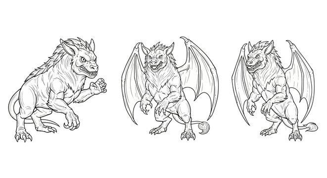 Set of Gargoyle Creature Line Art Poses