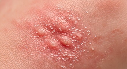 Fototapeta premium Close up of a cluster of small blisters on reddened skin indicating a skin infection or rash.