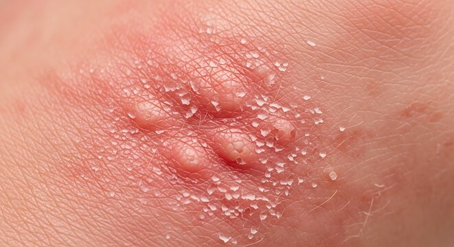 Close up of a cluster of small blisters on reddened skin indicating a skin infection or rash.