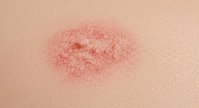 Close up of a red rash on human skin with a central red spot.
