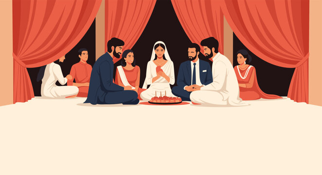 Beautiful traditional South Asian wedding ceremony featuring a bride and groom surrounded by family members under red curtains at a venue.