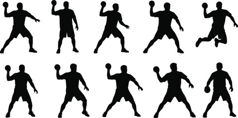 Handball player silhouettes set, male athlete throwing ball action poses black vector illustration isolated on white
