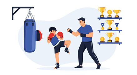 Obraz premium Young boy practicing kickboxing or martial arts with a trainer in a gym decorated with several trophies and medals on the wall shelves.