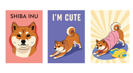 Fototapeta premium Collection of cute Shiba Inu dog illustrations showing the popular breed in different poses like stretching and wearing a warm pink sweater.