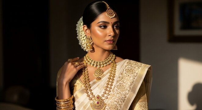 Elegant south indian bride adorned with magnificent antique gold jewelry featuring heavy necklaces earrings maang tikka and traditional white silk saree looking thoughtfully into the distance.