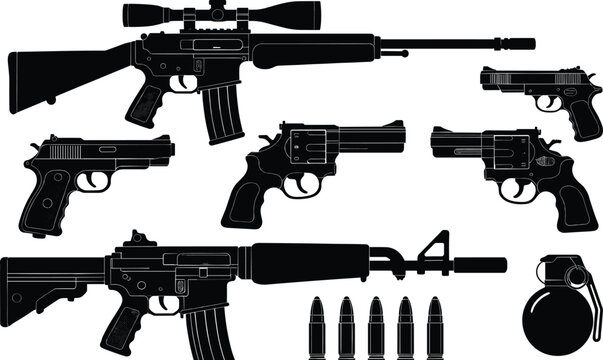 Collection of black weapon silhouettes including sniper rifles assault guns handguns revolvers ammunition bullets and a hand grenade for military tactical and defense concept design