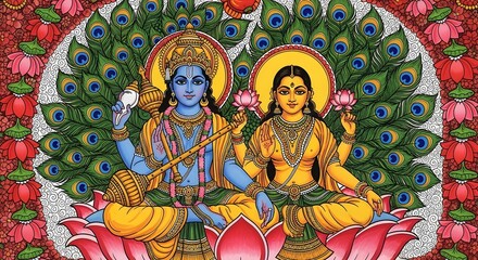 Obraz premium Vishnu and Lakshmi Deities in a Traditional Artistic Representation for Religious and Cultural Celebrations