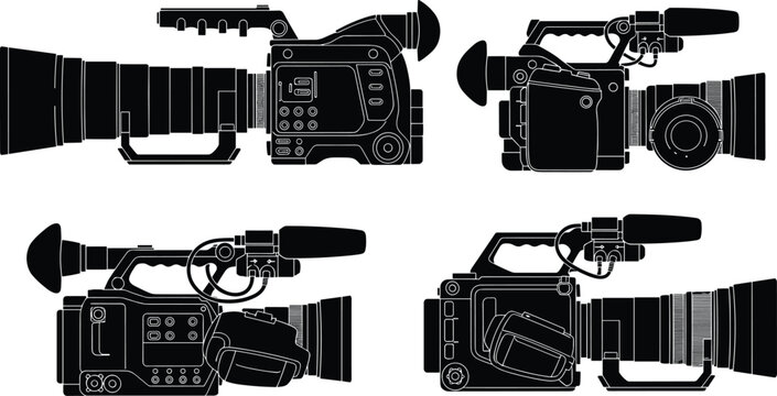 Black silhouette icons of professional video cameras including cinema cameras, television broadcast equipment, and digital camcorders with microphones isolated on a white background.