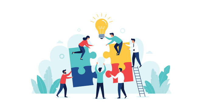 Diverse team of professionals works together to assemble giant light bulb puzzle pieces for creative problem solving.