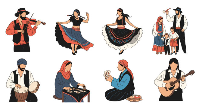 Set of people in traditional ethnic costumes performing folk dances playing music and telling fortunes in vintage style.