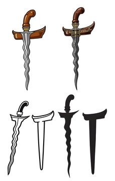 Traditional Indonesian Javanese Keris Dagger Set Vector Illustration With Outline and Silhouette