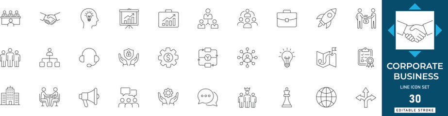 Corporate business line icon set featuring management, company, professional, culture, enterprise, leadership, and organization. editable vector © MdAzizar