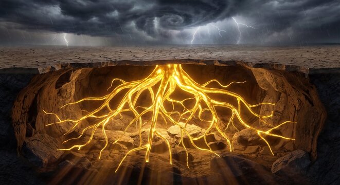 A cross-section showing glowing golden roots providing absolute stability beneath a dark, stormy surface, symbolizing true foundational support.