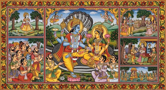 Vishnu and Lakshmi Deities in a Traditional Hindu Mythological Scene with Devotees and Nature Backdrop