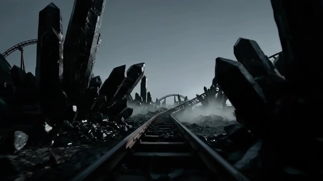 Dramatic roller coaster track with dark crystals, moody sky, ride and concept.