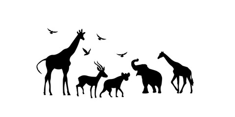 Wild safari animal silhouettes including giraffe, elephant, lion and antelope with flying birds for wildlife and nature graphics. © Umme