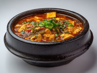Spicy Mapo Tofu Dish in Black Ceramic Bowl Garnished with Green Onions and Chili Flakes Overhead View