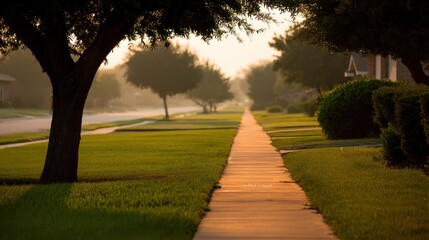 Obraz premium Tranquil Neighborhood Pathway in Soft Morning Light with Lush Green Grass and Majestic Trees Creating a Peaceful Scene