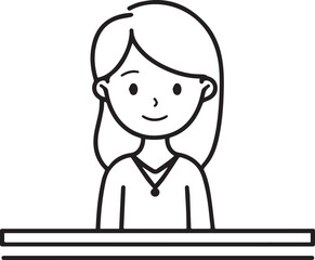 Obraz premium Hand Drawn Woman Sitting at Desk Black and White Avatar Illustration in Minimal Line Art Style Design