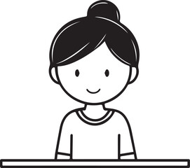 Obraz premium Hand Drawn Woman Sitting at Desk Black and White Avatar Illustration in Minimal Line Art Style Design