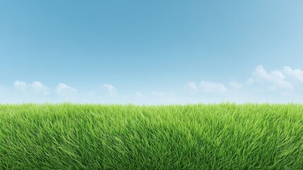 Fototapeta premium Vibrant Green Grass Under Clear Blue Sky with Soft White Clouds in a Bright and Sunny Day Landscape