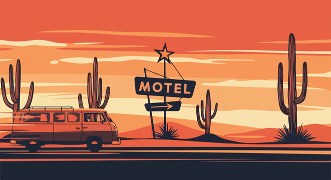 Retro camper van on a desert highway at golden hour, with iconic saguaro cacti and a classic neon motel sign. Evokes freedom and nostalgic travel.