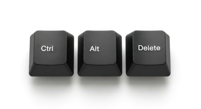 Three black keyboard keys with ctrl, alt, and delete text on isolated white background for computer functions
