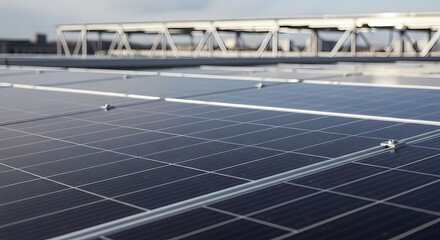 Close-up of Solar Panel Array on a Commercial Rooftop for Sustainable Renewable Energy