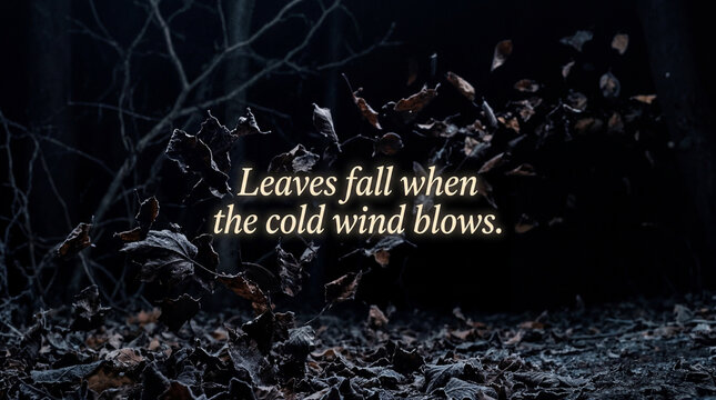 Dark brittle leaves blowing away into the shadows with a poetic typography quote about fair-weather friends and temporary relationships.