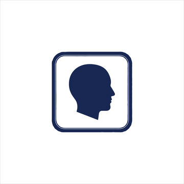 A blue silhouette of a human head in a square frame